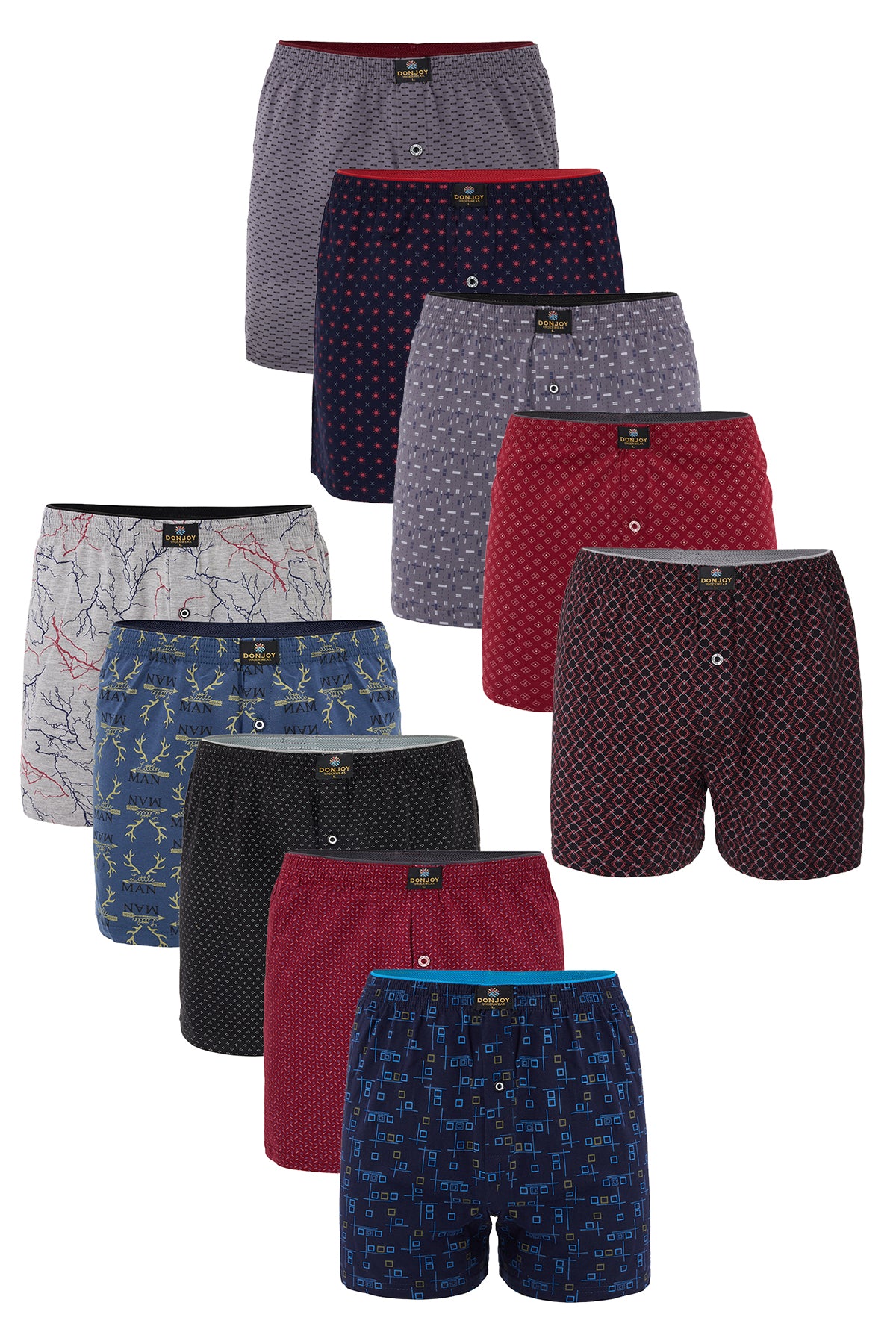 DJ101 Erkek 10'lu Desenli Pamuklu Penye Paçalı Düğmeli Beli Lastikli Boxer
