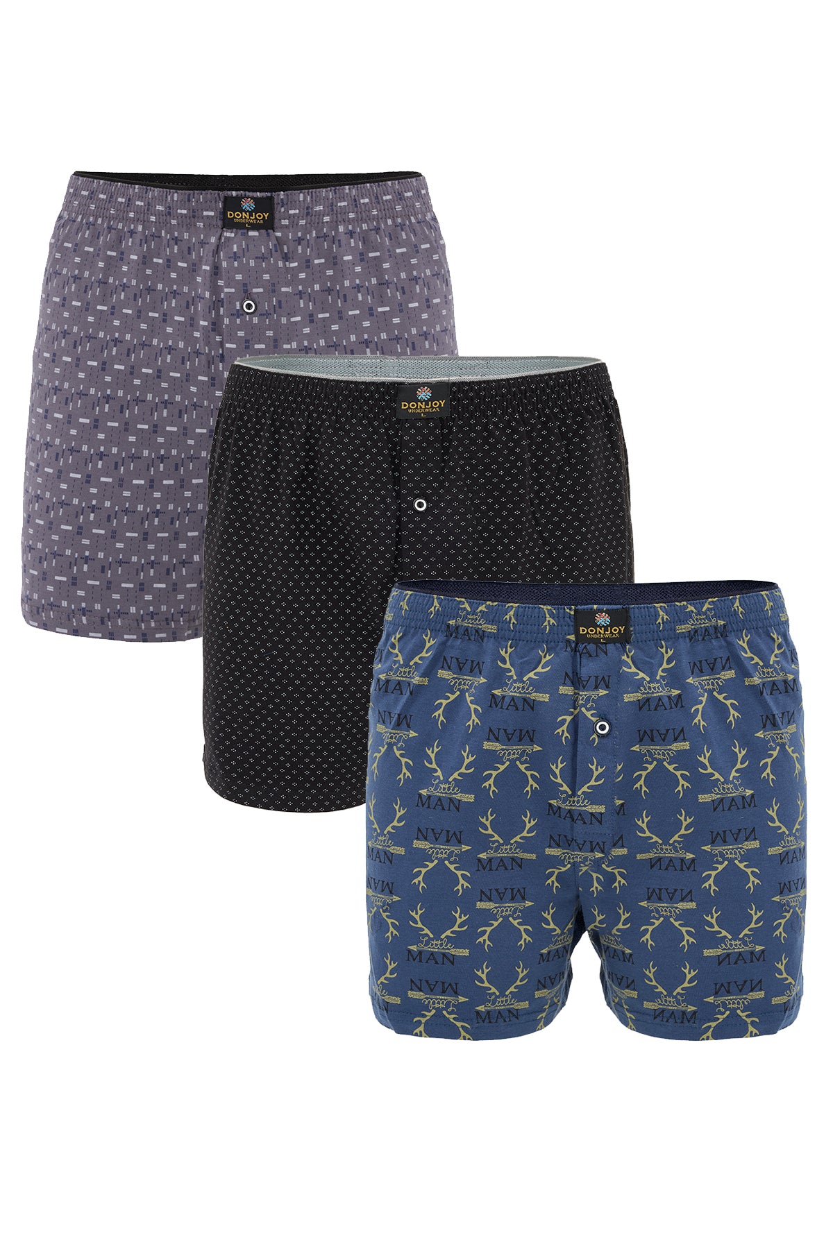 DJ101 Erkek 3'lü Desenli Pamuklu Penye Paçalı Düğmeli Beli Lastikli Boxer