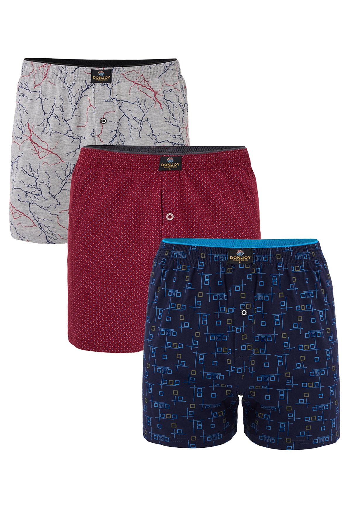 DJ101 Erkek 3'lü Desenli Pamuklu Penye Paçalı Düğmeli Beli Lastikli Boxer