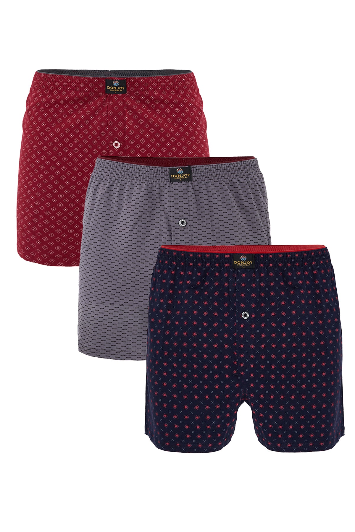 DJ101 Erkek 3'lü Desenli Pamuklu Penye Paçalı Düğmeli Beli Lastikli Boxer