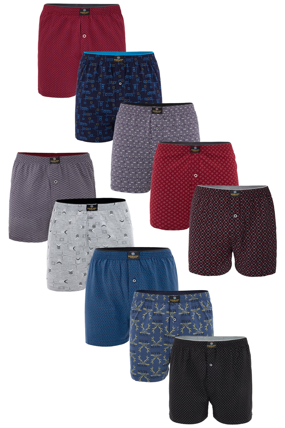 DJ101 Erkek 10'lu Desenli Pamuklu Penye Paçalı Düğmeli Beli Lastikli Boxer