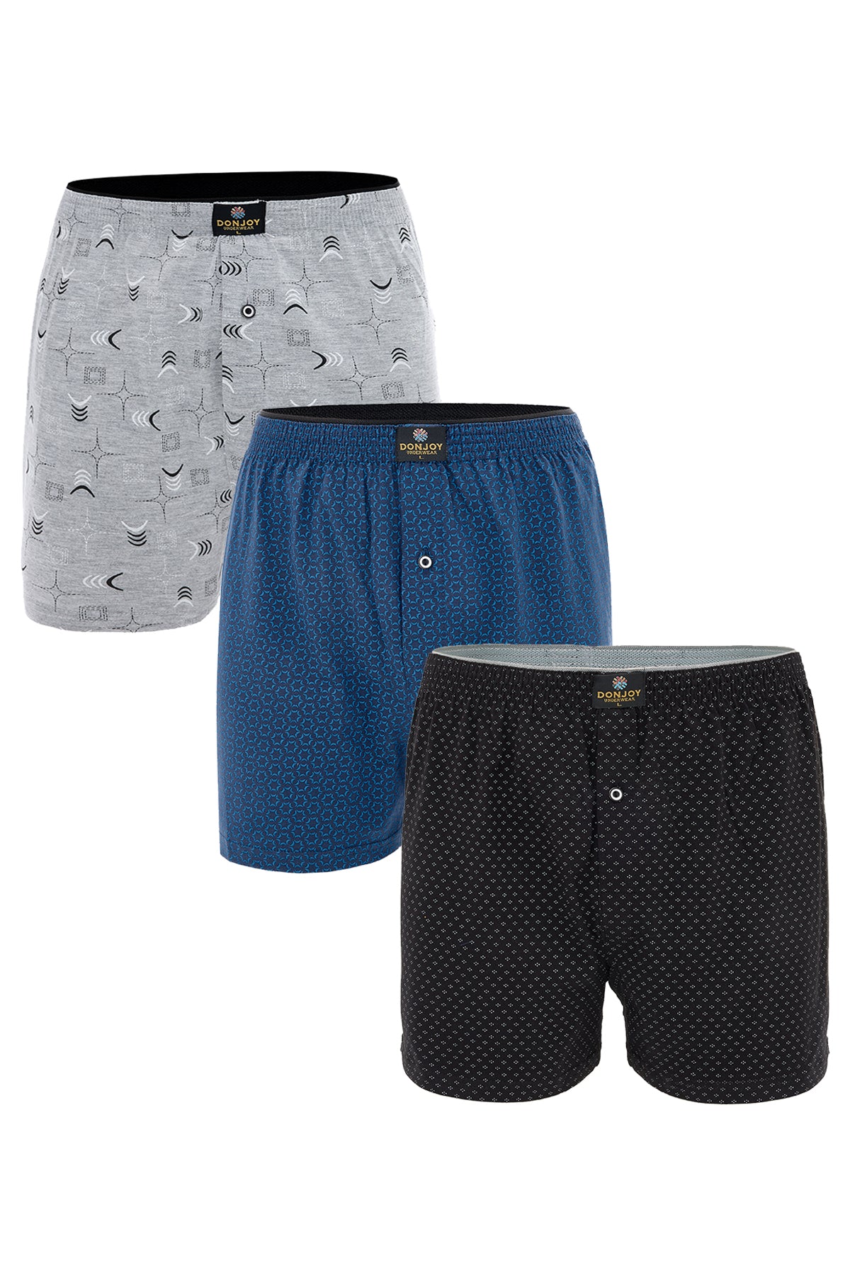 DJ101 Erkek 3'lü Desenli Pamuklu Penye Paçalı Düğmeli Beli Lastikli Boxer