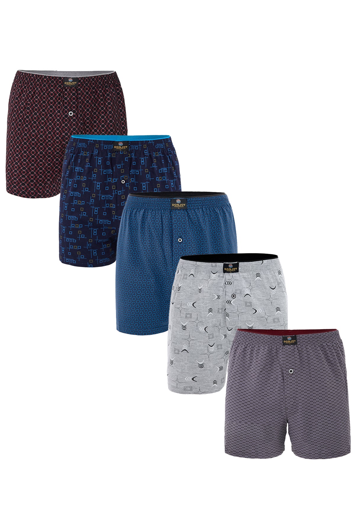 DJ101 Erkek 5'lİ Desenli Pamuklu Penye Paçalı Düğmeli Beli Lastikli Boxer