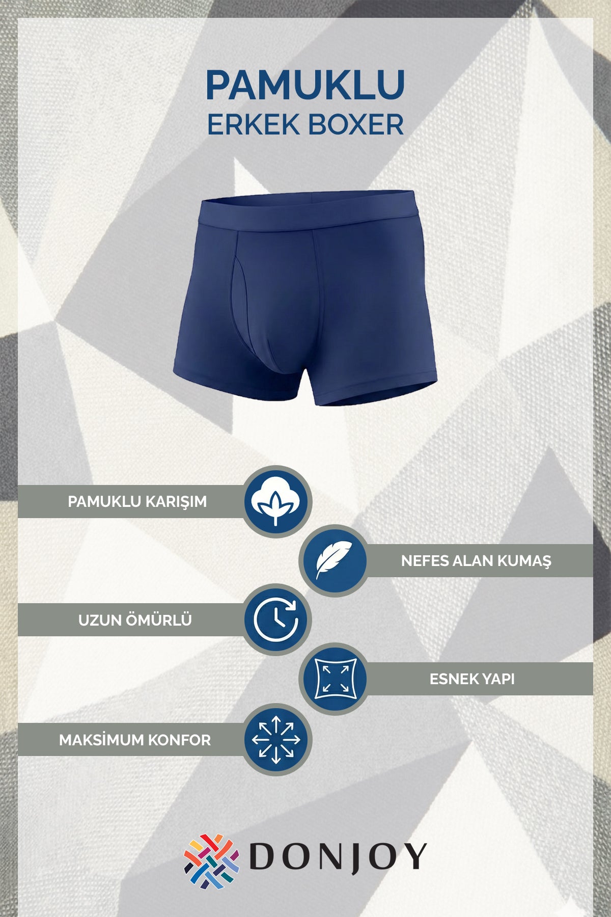 DJ108 Erkek 10'lu Penye Pamuklu Uzun Paça Beli Lastikli Lacivert Boxer